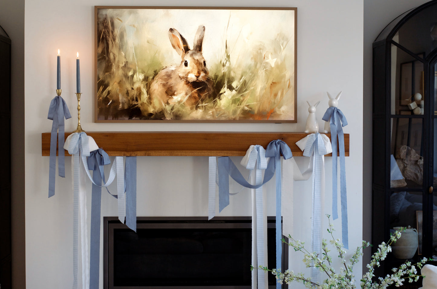 Double Bow Kit - Light Blue Gingham & Ivory Faux Silk