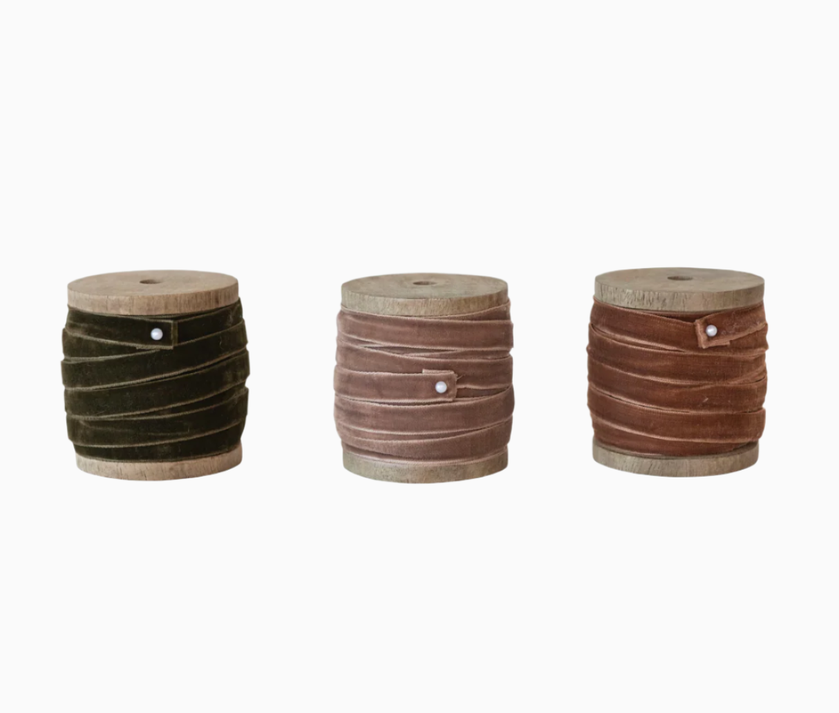 1/4" Velvet Ribbon on Wood Spool (Set of 3) 30 Total Yards