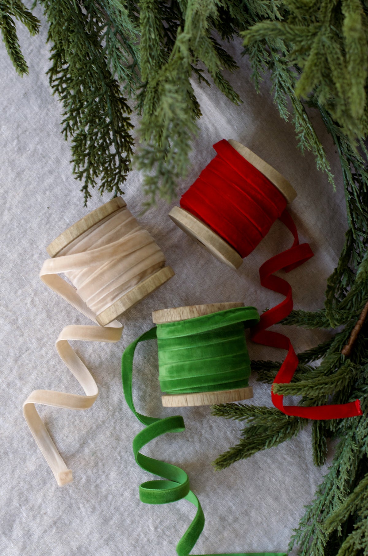 1/4" Velvet Holiday Ribbon on Wood Spool (Set of 3)