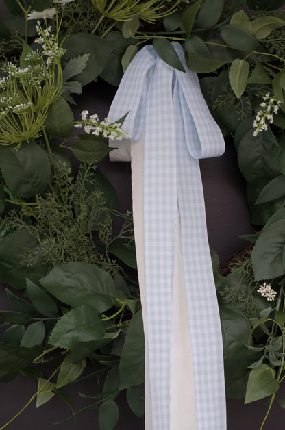 Double Bow Kit - Light Blue Gingham & Ivory Faux Silk