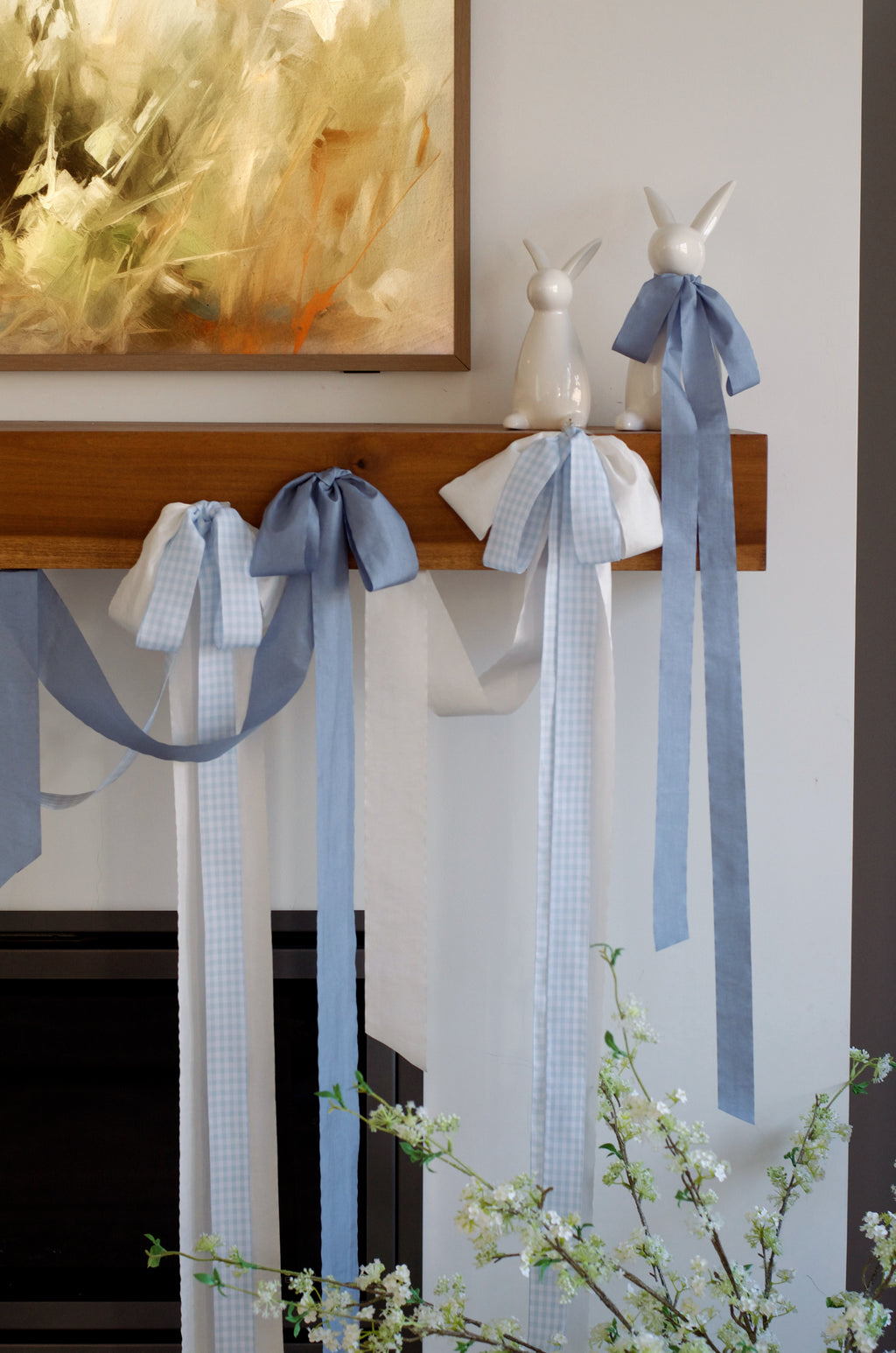 Double Bow Kit - Light Blue Gingham & Ivory Faux Silk