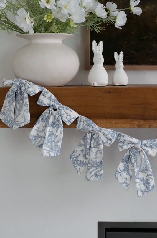 Blue Toile Fabric Bow Garland